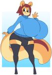  angstrom anthro big_breasts big_bulge black_clothing black_eyes black_legwear black_thigh_highs blue_clothing blue_sweater blue_topwear breasts brown_hair brown_inner_ear bulge closed_smile clothed clothing fur hair hi_res huge_breasts humanoid_hands legwear long_tail male male_(lore) mammal mouth_closed rodent sasha_(angstrom) sciurid short_hair simple_background smile solo spats standing sweater tail tan_body tan_ears tan_fur tan_tail thick_tail thigh_highs topwear tree_squirrel 