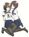  2girls black_pantyhose brown_eyes brown_hair hairband holding_hands kimarin light_smile multiple_girls original panties panties_under_pantyhose pantyhose school_uniform serafuku underwear white_background white_panties yuri 