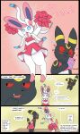  2022 3_panel_comic absurd_res black_body blush cheerleader cheerleader_outfit clothed clothing comic crossdressing dialogue digital_drawing_(artwork) digital_media_(artwork) dress duo eeveelution embarrassed english_text female flat_colors generation_2_pokemon generation_6_pokemon hi_res inside male matachu nintendo panties pink_body pink_clothing pink_dress pink_panties pink_underwear pokemon pokemon_(species) sid_(matachu) stacy_(matachu) standing sylveon tail text umbreon underwear upskirt white_body 
