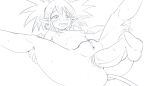  1boy 1girl :d anal breasts clitoral_hood clitoris commentary demon_girl demon_tail demon_wings disgaea earrings elbow_gloves english_commentary etna_(disgaea) fang gloves greyscale half-closed_eyes hand_on_own_thigh hetero jewelry kneepits lineart looking_down lying makai_senki_disgaea monochrome nipples on_back pointy_ears skull_earrings small_breasts smile spread_legs sweat tail twintails uncensored vinegarjar wings 