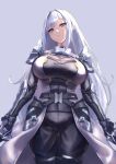  1girl armor bangs blue_eyes breast_tattoo breasts cleavage cleavage_cutout clothing_cutout dual_wielding ethel_(xenoblade) grey_hair hakusai_(hksicabb) highres holding holding_weapon large_breasts long_hair looking_at_viewer pants parted_lips shoulder_armor simple_background solo tattoo very_long_hair weapon xenoblade_chronicles_(series) xenoblade_chronicles_3 
