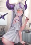 1girl ahoge ass bare_shoulders blush crow_(la+_darknesss) demon_girl demon_horns grey_hair hair_between_eyes highres holding holding_toothbrush hololive horns kanzarin la+_darknesss long_hair looking_at_viewer multicolored_hair open_mouth pointy_ears purple_hair shirt solo streaked_hair striped_horns toothbrush very_long_hair virtual_youtuber yellow_eyes 