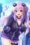  1girl adult_neptune blush breasts choker cleavage croire d-pad d-pad_hair_ornament hair_between_eyes hair_ornament holster jacket kazuneko_(wktk1024) long_hair looking_at_viewer medium_breasts neptune_(series) open_mouth outdoors purple_eyes purple_hair shin_jigen_game_neptune_vii smile solo thigh_holster thigh_strap v very_long_hair zipper 