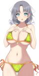  1girl ass_visible_through_thighs bare_arms bare_shoulders bikini blue_eyes bow breasts cleavage collarbone commentary_request cowboy_shot green_bikini grey_hair groin hair_bow halterneck hands_on_own_chest hands_up highres large_breasts light_blush looking_at_viewer navel orange_bikini parted_lips senran_kagura short_hair side-tie_bikini_bottom simple_background solo stomach striped striped_bow surippa1010 swimsuit two-tone_bikini white_background white_bow yumi_(senran_kagura) 