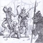  0laffson anthro armor blood bodily_fluids cheetah codpiece death decapitation digitigrade felid feline gore group hi_res human male mammal melee_weapon monochrome polearm severed_head spear traditional_media_(artwork) weapon 