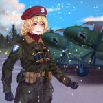  1girl alternate_costume belt beret binoculars black_gloves blue_sky blurry blurry_background braid cloud cloudy_sky coat commentary darjeeling_(girls_und_panzer) day depth_of_field emblem explosive flashlight girls_und_panzer gloves green_coat grenade hat highres looking_to_the_side military_hat open_mouth outdoors red_headwear red_scarf scarf short_hair sky smile solo st._gloriana&#039;s_(emblem) standing tigern_(tigern28502735) utility_belt world_war_ii 