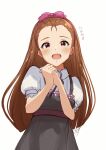  1girl blunt_ends blush brown_hair commentary_request forehead hairband highres idolmaster long_hair looking_at_viewer minase_iori open_mouth own_hands_together red_eyes ribbon short_sleeves simple_background sinobu0425 solo 