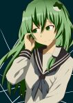  1girl absurdres alternate_costume anime_coloring blue_neckerchief blue_sailor_collar breasts closed_mouth dark_background frog_hair_ornament green_eyes green_hair hair_between_eyes hair_ornament highres kochiya_sanae light_smile long_hair long_sleeves looking_to_the_side masakano_masaka neckerchief sailor_collar sailor_shirt school_uniform serafuku shirt simple_background single_hair_tube small_breasts solo touhou upper_body 