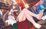  1girl absurdres animal animal_ears armpits bare_legs bare_shoulders barefoot black_dress breasts brown_hair crossed_legs detached_sleeves dress dutch_angle feet fox fox_ears fox_shadow_puppet fox_tail gradient_hair green_eyes highres honkai:_star_rail honkai_(series) indoors large_breasts long_hair looking_at_viewer mirufuaa multicolored_hair no_shoes ponytail sitting sleeveless sleeveless_dress smile soles solo tail thighs tingyun_(honkai:_star_rail) toes wide_sleeves 