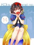  2boys apple banjou_azusa blush cosplay crossdressing food fruit highres koisuru_(otome)_no_tsukurikata male_focus midou_kenshirou mihate_hiura multiple_boys otoko_no_ko sitting snow_white_(disney) snow_white_(disney)_(cosplay) snow_white_and_the_seven_dwarfs solo_focus tagme 