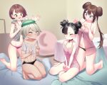  4girls alternate_hairstyle barefoot bea_(pokemon) bed bed_sheet black_panties blue_eyes borrowed_hairstyle breasts brown_eyes brown_hair cleavage closed_mouth collarbone commentary_request cropped_shirt dark-skinned_female dark_skin double_bun doughnut_hair_bun english_commentary gloria_(pokemon) green_headwear grey_hair grey_vest hair_bun hands_up indoors kneeling korean_commentary large_breasts legs lingerie long_hair marnie_(pokemon) matdoljangin mixed-language_commentary multiple_girls navel one_eye_closed open_mouth panties parted_bangs pink_shirt pokemon pokemon_(game) pokemon_bw2 pokemon_swsh purple_panties rosa_(pokemon) shirt short_hair short_sleeves sitting sleepwear small_breasts swept_bangs thighs toes tongue tongue_out twintails underwear vest 