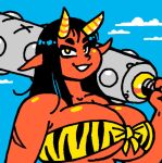 2023 2_horns animal_print arm_scar asian_mythology black_eyebrows black_hair blue_background blue_sky breasts bust_portrait cleavage clothed clothing cloud club_(weapon) collarbone demon digital_drawing_(artwork) digital_media_(artwork) east_asian_mythology eyebrows female hair holding_club holding_melee_weapon holding_object holding_weapon horn humanoid humanoid_pointy_ears japanese_mythology looking_at_viewer melee_weapon monster mythology not_furry oekaki oni pattern_clothing portrait red_body red_skin scar simple_background sky smile solo striped_clothing stripes tiger_print weapon woot yellow_eyes yellow_horn yokai 