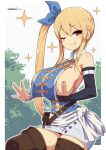  ;p bare_shoulders blonde_hair boots breasts cowboy_shot fairy_tail fanbox_username fingernails hair_between_eyes large_breasts long_fingernails lucy_heartfilia miniskirt one_eye_closed outdoors pouch side_ponytail sideboob skirt thigh_boots tongue tongue_out virus-g white_skirt 
