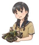  3girls black_eyes black_hair braid helmet kantai_collection karasu_(naoshow357) landing_ship_no._101_(kancolle) long_hair military military_vehicle mini_person minigirl motor_vehicle multiple_girls school_uniform tank twin_braids 