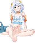  1girl :3 alternate_costume armpit_crease barefoot bikini blue_eyes blue_hair blunt_bangs blush english_commentary fang feet fins fish_tail flat_chest foot_focus foreshortening frilled_bikini frills garbo2d gawr_gura grey_hair hair_ornament highres hololive hololive_english inflatable_armbands looking_at_viewer multicolored_hair nail_polish shark_tail sidelocks simple_background sitting soles solo streaked_hair swimsuit tail thighs toenail_polish toenails toes two_side_up virtual_youtuber white_background 