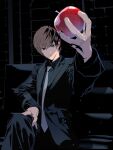  1boy apple black_theme brown_hair closed_mouth cofffee couch crossed_legs death_note food fruit looking_at_viewer male_focus necktie red_apple short_hair sitting solo suit yagami_light 