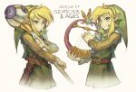  2boys 9twoeight belt blonde_hair blue_eyes closed_mouth copyright_name highres holding holding_staff link looking_at_viewer multiple_boys pointy_ears sheath sheathed short_hair smile staff sword the_legend_of_zelda the_legend_of_zelda:_oracle_of_ages the_legend_of_zelda:_oracle_of_seasons weapon 