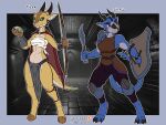  2023 absurd_res arashidrgn black_sclera blue_body clothed clothing duo female green_eyes hi_res horn kobold red_eyes scales scalie tail yellow_body 