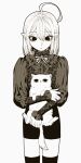  1boy ahoge androgynous animal black_eyes bob_cut boots bow brooch cat cropped_legs double-parted_bangs frilled_shirt frills hair_between_eyes holding holding_animal holding_cat jewelry looking_at_animal medium_hair monochrome ohayousan_084 original otoko_no_ko pale_skin pointy_ears rose_(ohayousan_084) shirt shorts striped striped_bow thigh_boots vampire white_background white_hair 