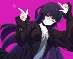  1girl arms_up blunt_bangs bocchi_the_rock! chin_piercing choker coat gothic goumonsha highres hime_cut jacket jewelry long_hair necklace one_eye_closed open_clothes open_coat pa-san pink_background pointing pointing_up purple_eyes purple_hair simple_background smile solo trench_coat very_long_hair 