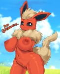  2022 absurd_res anthro anthrofied ashraely big_breasts blush bodily_fluids breasts butt canid canine copypasta curvy_figure digital_media_(artwork) eeveelution female female_anthro flareon fur generation_1_pokemon genitals glistening glistening_body hair hi_res hourglass_figure huge_breasts innie_pussy looking_at_viewer mammal nintendo nipples nude open_mouth pokemon pokemon_(species) pokemorph pussy simple_background smile solo thick_thighs voluptuous wide_hips 
