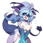  1girl @_@ absurdres animal_ears blue_eyes blue_hair breasts commentary completely_nude cum cum_in_pussy english_commentary hair_between_eyes highres horns large_breasts looking_at_viewer medium_hair monster_girl nipples nude open_mouth original purple_horns simple_background slugbox solo tail thighs white_background 