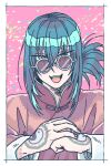  1boy blue_hair border brown_jacket commentary_request fate/grand_order fate_(series) folded_ponytail gedougawa glasses grey-framed_eyewear hair_between_eyes hand_tattoo jacket long_bangs looking_at_viewer male_focus mandarin_collar medium_hair open_mouth own_hands_together pink_background round_eyewear smile solo tattoo teeth upper_body upper_teeth_only white_border yan_qing_(fate) yellow_eyes yin_yang_tattoo 