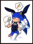  accessory anthro balls blue_body blue_fur blueseamoon blush bodily_fluids clothing cosplay costume easter eulipotyphlan fur genital_fluids genitals green_eyes handwear headband hedgehog hi_res holidays legwear male mammal penis playboy_bunny precum sega simple_background solo solo_focus sonic_the_hedgehog sonic_the_hedgehog_(series) speech_bubble thigh_highs 