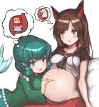  1860_(ichi) animal_ears blue_eyes blue_hair blush breasts fang hand_on_another&#039;s_stomach highres imaizumi_kagerou little_red_riding_hood little_red_riding_hood_(grimm) medium_breasts mermaid midriff monster_girl navel pregnant thought_bubble touhou wakasagihime wolf_ears 