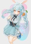  1girl :o absurdres animal_ear_fluff animal_ears aqua_nails bag blue_dress blush braid breasts dress foot_out_of_frame frills gotou_(nekocat) grey_background grey_hair hand_up handbag highres hololive long_hair looking_at_viewer medium_breasts nail_polish open_mouth orange_eyes rabbit_ears rabbit_tail simple_background solo standing standing_on_one_leg tail thick_eyebrows twin_braids usada_pekora very_long_hair 