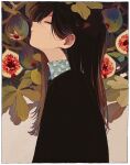  1girl absurdres black_hair black_sweater border closed_eyes closed_mouth collared_shirt facing_up fig floral_print food from_side fruit grey_shirt hair_behind_ear highres ka_(marukogedago) leaf long_hair original profile shirt solo straight_hair sweater upper_body white_border 