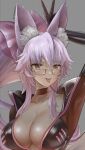  absurd_res amber_eyes animal_humanoid big_breasts blush bodysuit bow_ribbon breasts canid canid_humanoid canine canine_humanoid clothing eyewear fate_(series) female fluffy_ears fox fox_humanoid glasses hair hi_res huge_breasts humanoid koyanskaya_(fate) long_hair mammal mammal_humanoid pink_hair simple_background skinsuit solo tight_clothing tongue tongue_out type-moon 