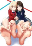  2girls bare_legs barefoot black_eyes blonde_hair brown_hair feet foot_focus foot_pussy greek_toe highres inoue_takina interlocked_fingers long_hair lycoris_recoil multiple_girls nishikigi_chisato one_eye_closed red_eyes school_uniform short_hair soles toes uriens 