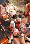  1girl absurdres animal_ears breasts chinese_clothes closed_mouth fake_animal_ears fireworks grey_hair hair_ornament hairclip headphones highres holding holding_weapon karenina_(punishing:_gray_raven) long_sleeves mechanical_arms medium_hair mochigana official_alternate_costume orange_eyes punishing:_gray_raven rabbit_ears red_shirt shirt small_breasts solo thigh_strap two-tone_shirt weapon white_shirt 