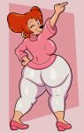  absurd_res anthro bottomwear breasts canid canine clothing disney ear_piercing ear_ring female footwear goof_troop hand_on_hip hi_res high_heels looking_at_viewer looking_back mammal mature_female one_eye_closed pants peg_pete piercing rear_view ring_piercing solo someth1ngoranother thick_thighs tight_bottomwear tight_clothing tight_pants wink 
