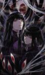  2girls absurdres black_hair blunt_bangs bob_cut carol0905 cigarette commentary_request dual_persona highres jacket limbus_company long_hair multiple_girls official_alternate_hair_length official_alternate_hairstyle parted_lips project_moon purple_jacket red_eyes ryoshu_(limbus_company) short_hair sidelocks silk smoke smoking spider_bud spider_web straight_hair teeth too_many_eyes track_jacket upper_body upper_teeth_only 