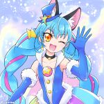  1girl animal_ears awabuta black_collar blue_gloves blue_hair braid cat_ears collar cure_cosmo earrings elbow_gloves extra_ears fur-trimmed_gloves fur_trim gloves hat jewelry long_hair mini_hat mini_top_hat multicolored_hair one_eye_closed open_mouth precure purple_hair rainbow_skirt smile solo star_twinkle_precure streaked_hair top_hat twin_braids twitter_username two-tone_hair upper_body very_long_hair yuni_(precure) 