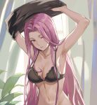  1girl armpits blush bra breasts cleavage collarbone fate/grand_order fate/stay_night fate_(series) glasses highres kuza_brs large_breasts long_hair looking_at_viewer medusa_(fate) medusa_(rider)_(fate) navel purple_eyes purple_hair solo underwear very_long_hair 