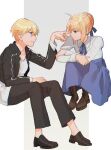  1boy 1girl ahoge artoria_pendragon_(fate) black_footwear black_jacket black_pants blonde_hair blue_ribbon blue_skirt boots brown_footwear collared_shirt cropped_jacket expressionless fate/stay_night fate_(series) finger_to_another&#039;s_nose gilgamesh_(fate) green_eyes hair_bun hair_ribbon high-waist_skirt jacket looking_at_another momoka_(abc_momoka0718) neck_ribbon pants pantyhose red_eyes ribbon saber shirt sitting skirt smile two-tone_background white_shirt 