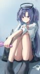  1girl absurdres bare_legs black_skirt blue_archive blush breasts dotthebot electric_fan halo hand_fan highres holding holding_fan id_card knees_up large_breasts legs long_hair purple_eyes purple_hair shirt sitting skirt sleeves_pushed_up solo sweatdrop thighs twintails very_long_hair white_shirt yuuka_(blue_archive) 