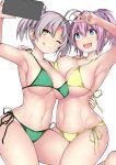  2girls :q absurdres antenna_hair aoba_(kancolle) bikini blue_eyes breast_press breasts cellphone cleavage green_bikini grey_hair hair_between_eyes hair_ornament hair_scrunchie highres kantai_collection kinugasa_(kancolle) kuromayu large_breasts multiple_girls one_eye_closed open_mouth phone ponytail scrunchie selfie short_twintails side-tie_bikini_bottom simple_background smartphone swimsuit tongue tongue_out twintails v white_background yellow_bikini 