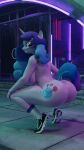  2023 3d_(artwork) 4k 9:16 absurd_res anthro anthrofied big_breasts big_butt blender_(software) blue_hair blue_tail breasts bubble_butt butt clothing crouching curvy_figure cutie_mark detailed_background digital_media_(artwork) equid equine female floppyhuman fluffy fluffy_hair fluffy_tail footwear fur hair hasbro hi_res horn huge_butt izzy_moonbow_(mlp) long_hair long_tail looking_at_viewer looking_back looking_back_at_viewer mammal mlp_g5 multicolored_hair my_little_pony nude outside purple_body purple_eyes purple_fur shoes smile sneakers sneakers_only solo tail teeth thick_thighs twerking two_tone_hair unicorn voluptuous wide_hips 