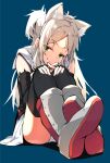  1girl :3 animal_ear_fluff animal_ears azur_lane black_gloves black_thighhighs blue_background boots cat_ears crossed_ankles elbow_gloves fingerless_gloves gloves green_eyes hands_on_own_knees knee_boots knees_to_chest long_hair looking_at_viewer panties simple_background sims_(azur_lane) sitting solo thighhighs underwear white_hair white_panties youhei_64d zettai_ryouiki 