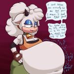  1:1 ambiguous_gender ambiguous_prey anthro anthro_pred bell bell_collar belly big_belly bottomwear bovid caprine clothing collar dialogue digestion digestion_noises english_text female female_pred fingerless_gloves gloves handwear horn lanolin_(sonic_the_hedgehog) mammal sheep solo tascom text topwear vore willing_prey 