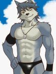  1boy abs animal_ears armband bicep_strap black_armband blue_sky cloud cloudy_sky commentary_request dog_boy dog_ears furry furry_male hands_on_own_hips jewelry kouya_aotsuki looking_at_viewer male_focus male_swimwear morenatsu necklace one_eye_closed pectorals shirako_(kirupi) sky smile swim_briefs topless_male 