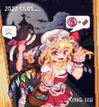  2girls :d artist_name bandages basket bat_(animal) black_headwear blonde_hair cloud commentary crystal dated dress english_commentary fang flandre_scarlet grey_hair halloween halloween_bucket halloween_costume hat hat_ribbon jack-o&#039;-lantern king_liu looking_at_viewer mixed-language_commentary multiple_girls mummy_costume night one_side_up open_mouth outdoors pixel_art rainbow_order red_dress red_eyes red_ribbon remilia_scarlet ribbon short_sleeves siblings sisters smile speech_bubble touhou white_headwear wings witch wrist_cuffs 