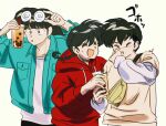  3boys black_hair braid braided_ponytail bubble_tea closed_eyes closed_mouth glasses hibiki_ryouga hood hoodie laughing mkh_xde mousse_(ranma_1/2) multiple_boys open_mouth ranma_1/2 red_hoodie saotome_ranma simple_background white_background 