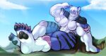  2022 5_toes absurd_res anthro big_muscles blue_body blue_fur breasts cloud featureless_breasts feet felid female flexing_bicep fur giga hair hi_res huge_muscles landscape landscape_dwarfing looking_at_viewer macro mammal manyu muscular muscular_anthro muscular_female pantherine purple_body purple_fur sitting sitting_on_ground solo striped_body striped_fur stripes taimu_(curioustorvald) tiger toes white_body white_fur white_hair 