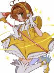  1girl antenna_hair brown_hair cardcaptor_sakura dress feather_trim fuuin_no_tsue gloves green_eyes highres holding holding_wand kinomoto_sakura looking_at_viewer magical_girl pepeppepe101 short_hair short_sleeves thighhighs wand white_gloves white_thighhighs yellow_dress yellow_footwear 