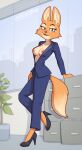  2023 absurd_res anthro areola artist_name barbell_piercing bedroom_eyes blush bottomwear breasts business_suit canid canine cheek_tuft chest_tuft clothing collarbone dandy_(artist) diane_foxington dipstick_tail dreamworks eyebrow_piercing eyebrows eyelashes facial_piercing facial_tuft fangs female footwear fox fur glistening glistening_breasts green_eyes hi_res high_heels inner_ear_fluff inside looking_at_viewer mammal markings narrowed_eyes nipple_piercing nipples orange_body orange_fur pants piercing plant plant_pot potted_plant seductive smile smiling_at_viewer solo suit tail tail_markings tan_body tan_fur teeth the_bad_guys topwear tuft window 